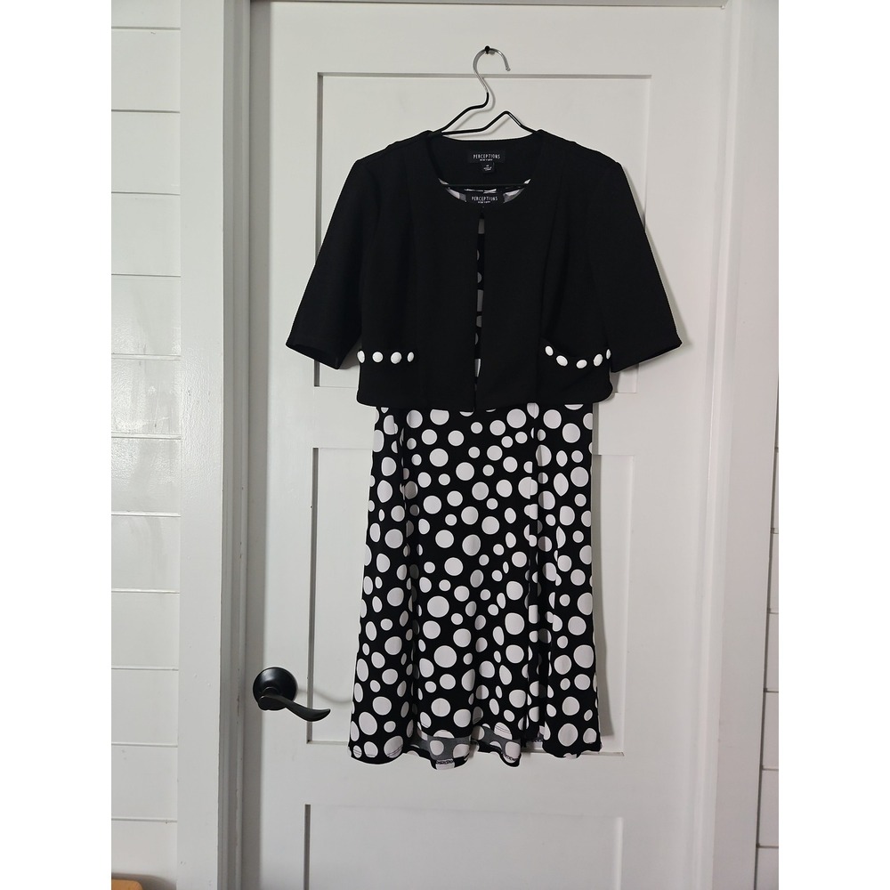 Perceptions Polka Dot Dress Jacket Set Womens 10 38L Black White Good Bolero 2pc